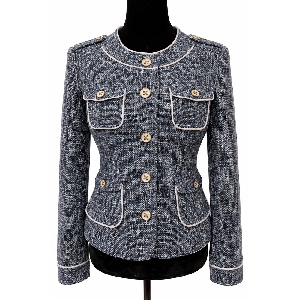 Vintage Cache Womens Multi Pocket Jacket Size 6 Blue Metallic Woven Tweed Blend - Picture 13 of 13